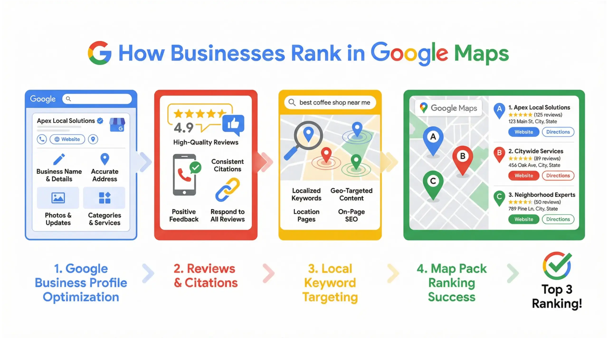 Google-style infographic explaining how businesses rank in the Google Map Pack in Winter Park