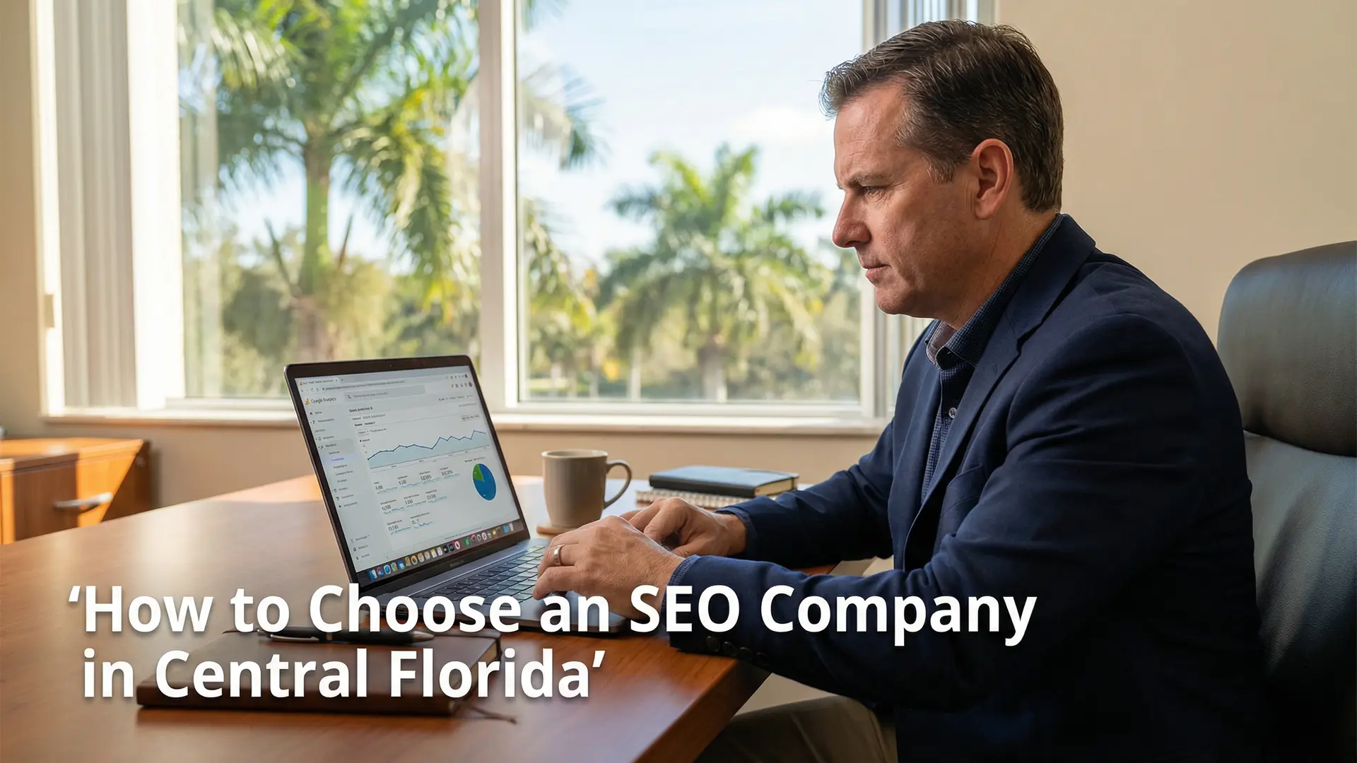 Central Florida business owner reviewing SEO reports in Orlando office while choosing an SEO company