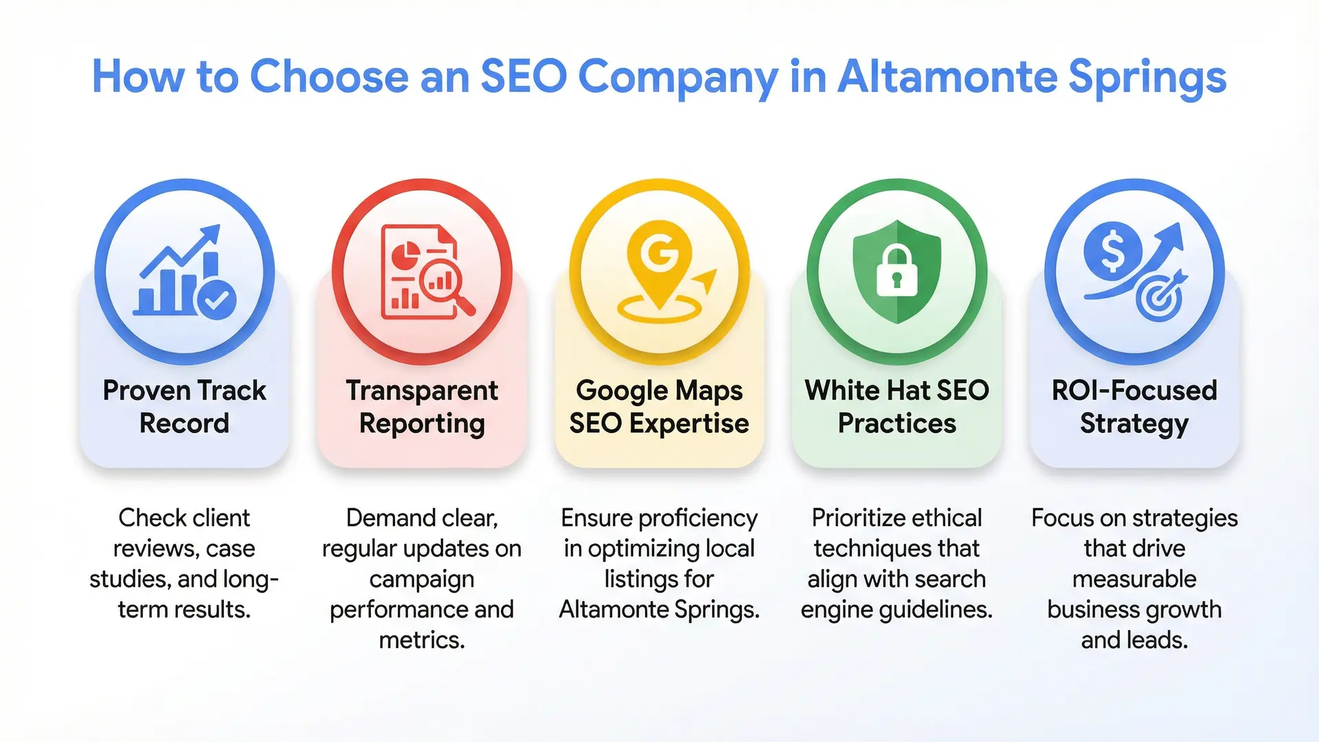  Infographic showing how to choose the right SEO company in Altamonte Springs with five key evaluation factors.