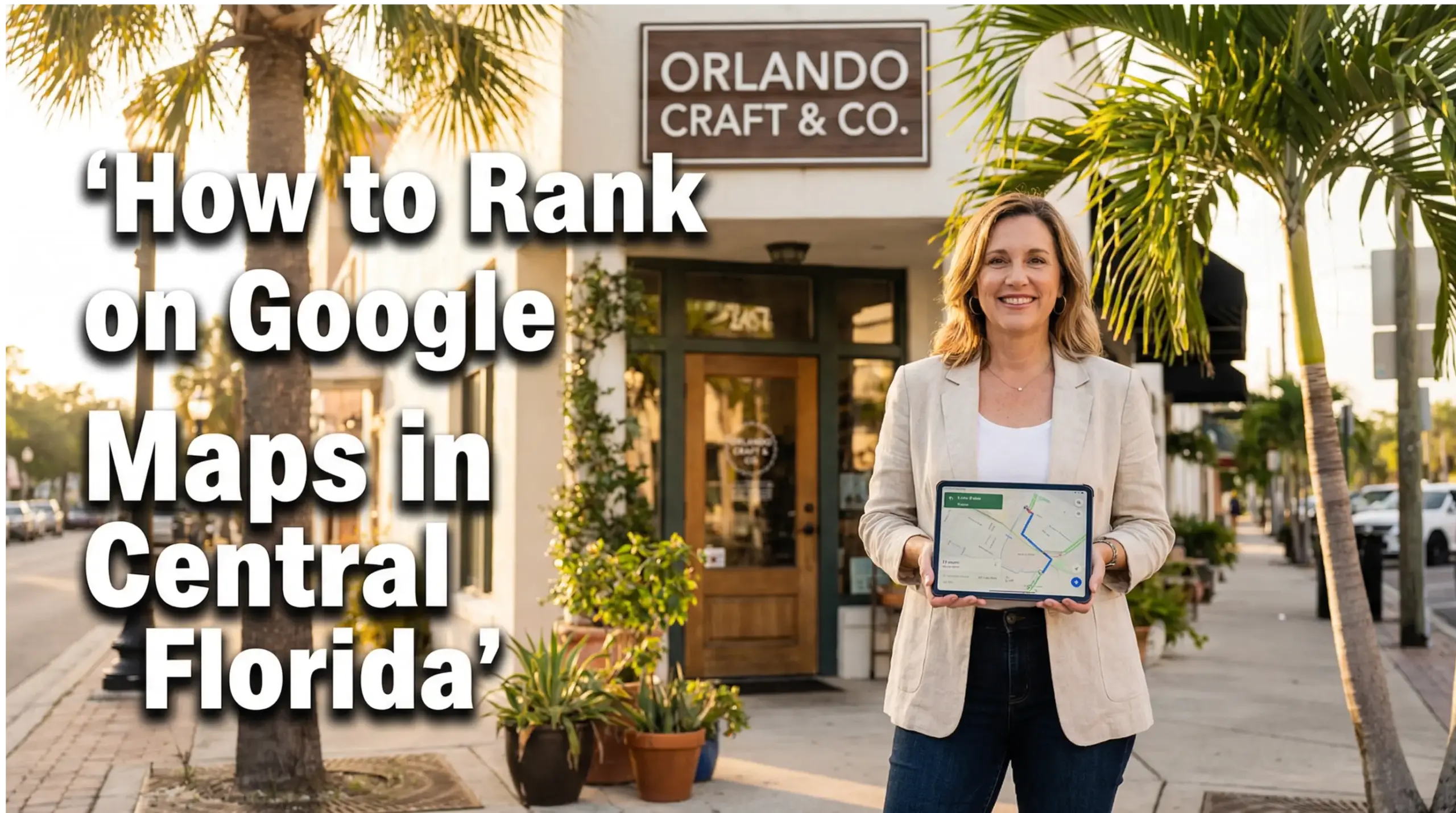 Real Central Florida business owner using Google Maps outside storefront in Orlando showing local SEO success