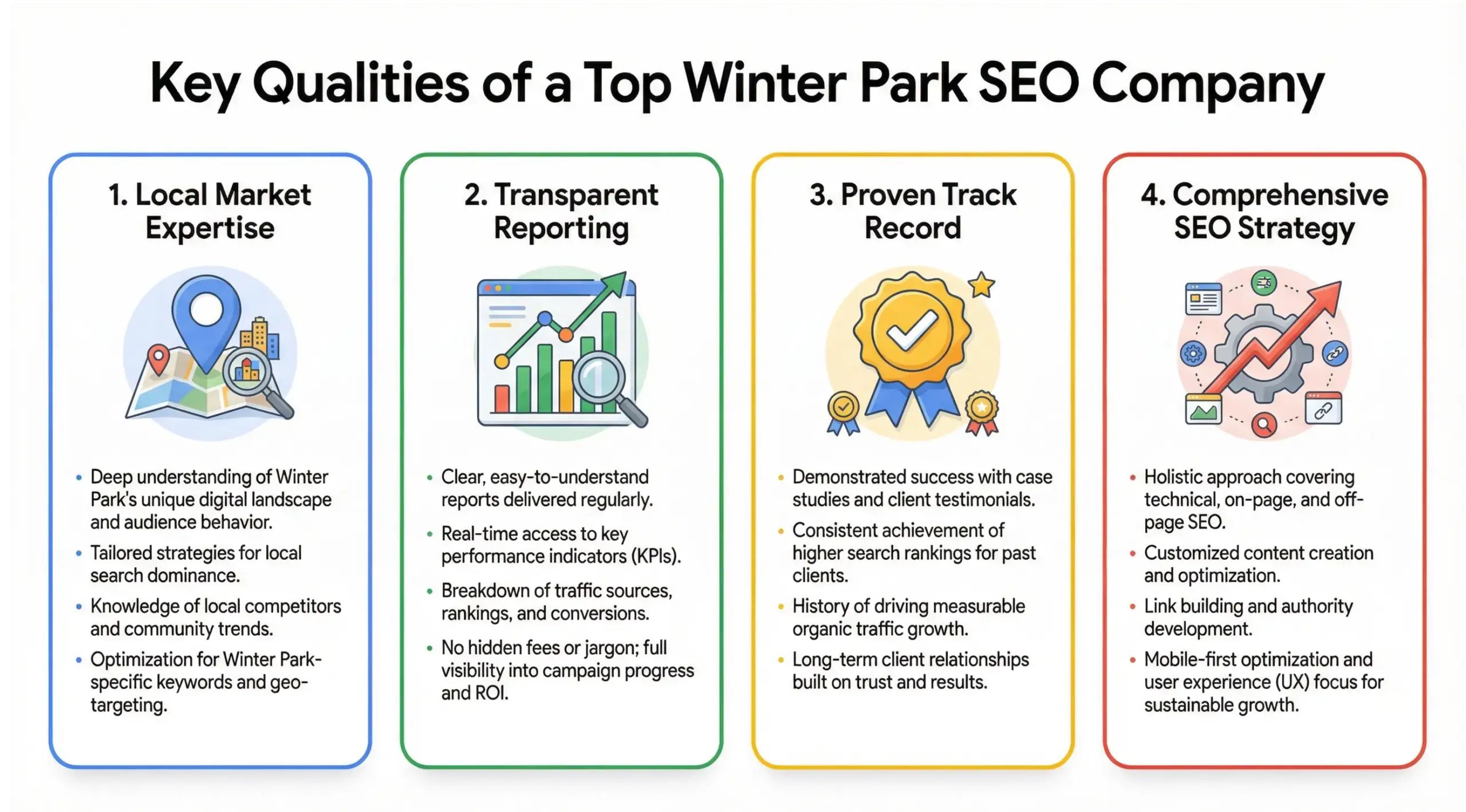 Infographic showing key qualities of a top SEO company in Winter Park including transparency, local expertise and proven results