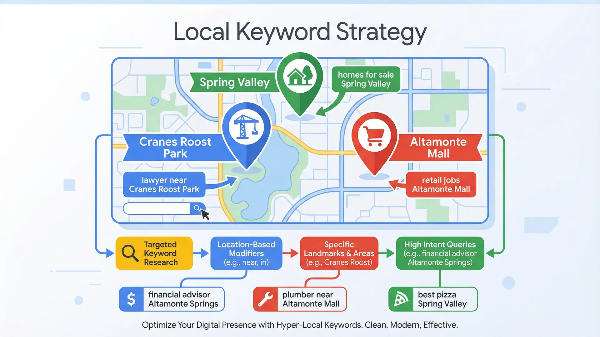 Infographic illustrating local keyword targeting strategy in Altamonte Springs neighborhoods.