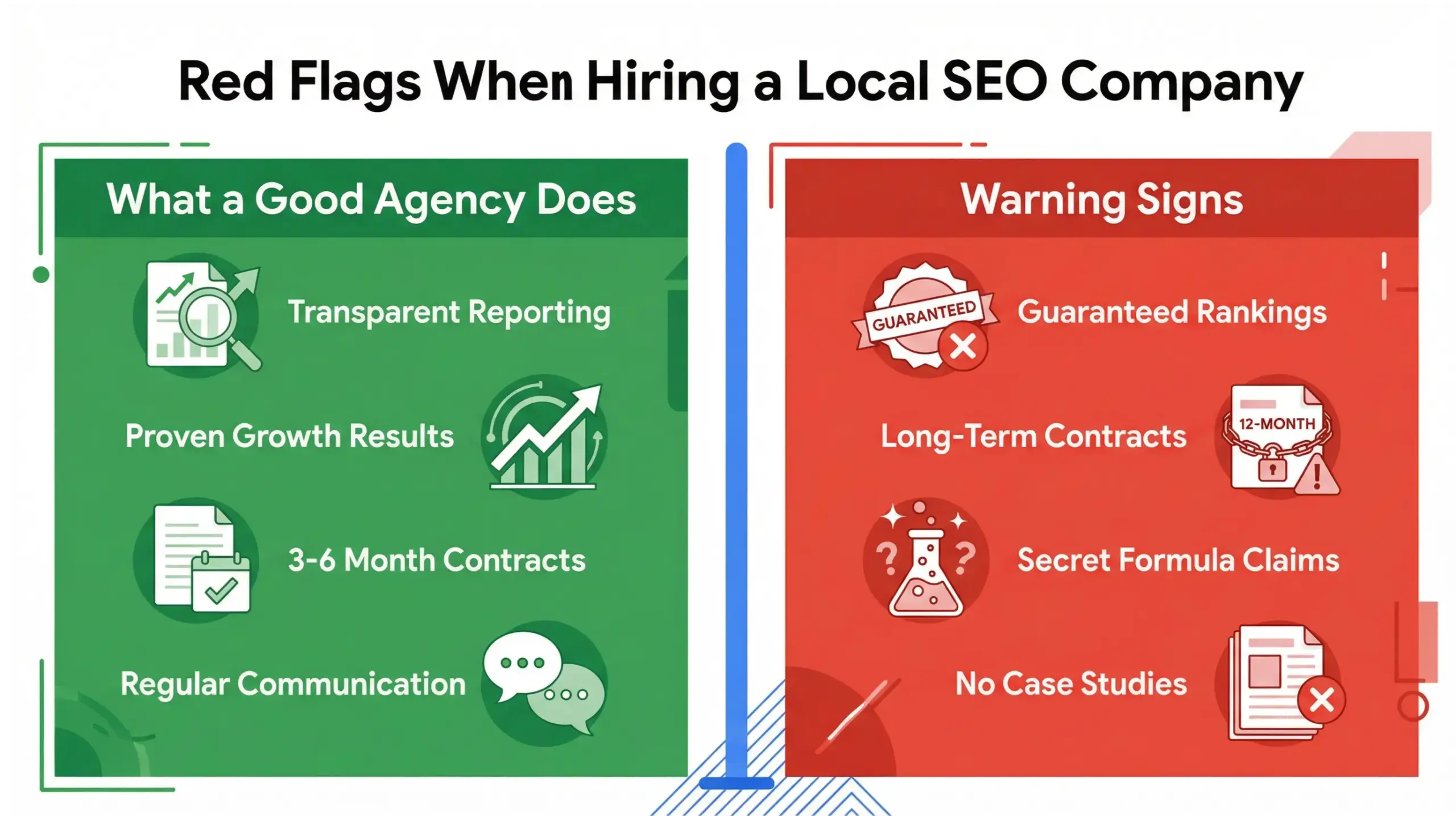 Infographic showing key factors to look for in a local SEO company including Google Business Profile optimization, Map Pack ranking, citation consistency, and Orlando market expertise.
