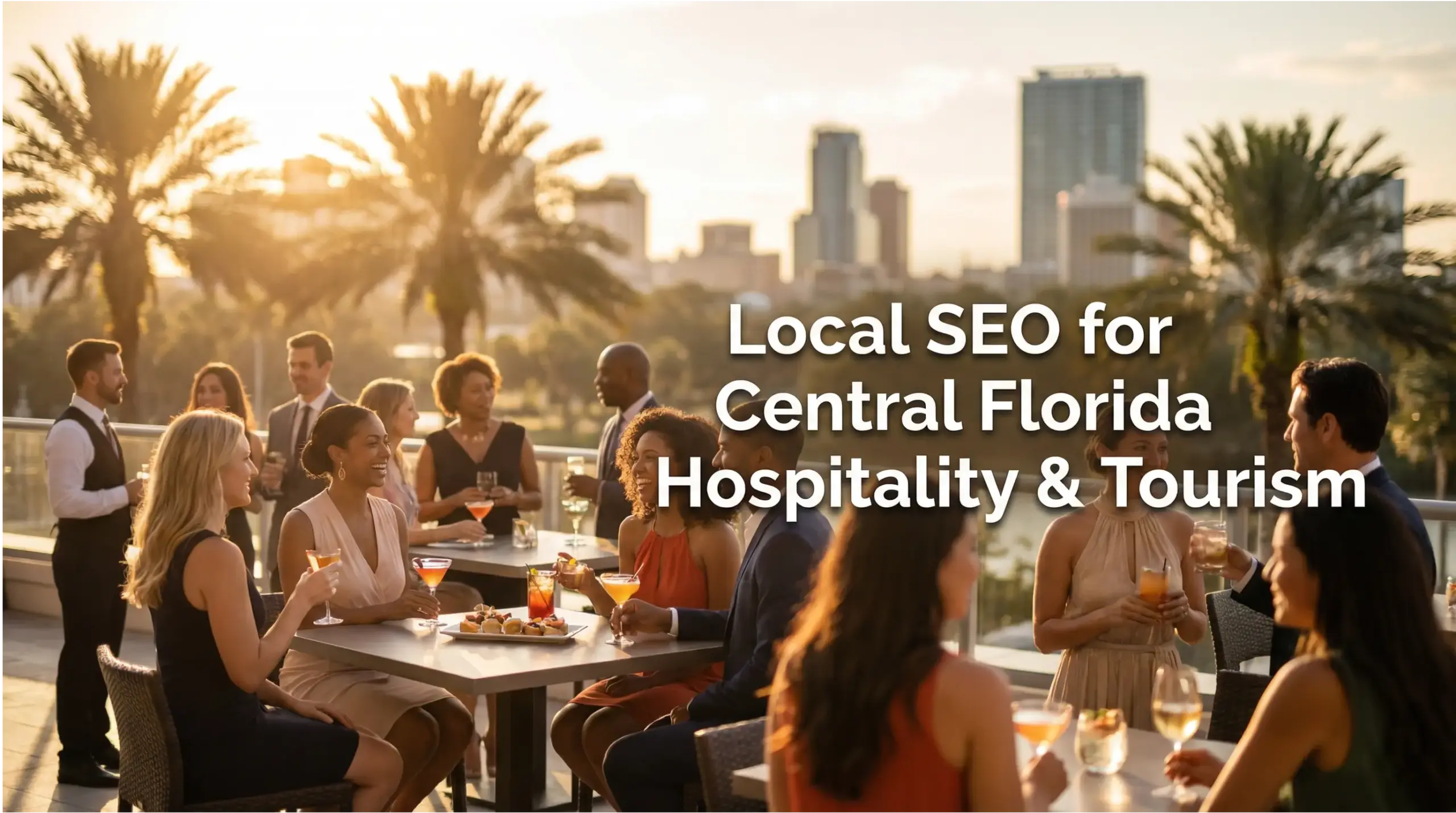 Real lifestyle image of a boutique hotel terrace in Central Florida with guests enjoying drinks at sunset and text overlay about Local SEO for Central Florida hospitality and tourism.