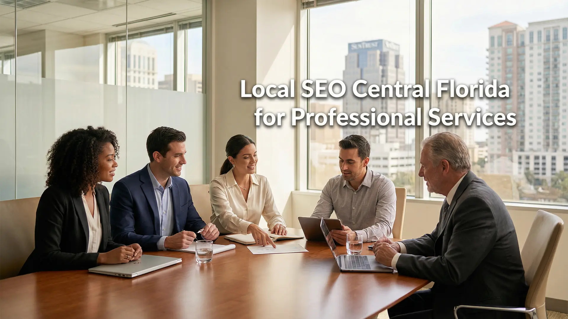 Real lifestyle image of Central Florida professionals meeting with a client in a modern office with text overlay about Local SEO Central Florida for Professional Services.