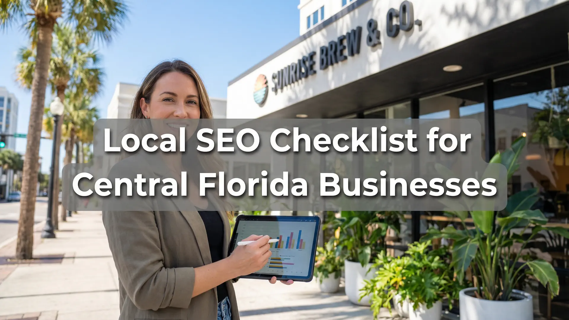 Real lifestyle image of a Central Florida business owner reviewing analytics outside their storefront with text overlay about Local SEO Checklist for Central Florida Businesses.