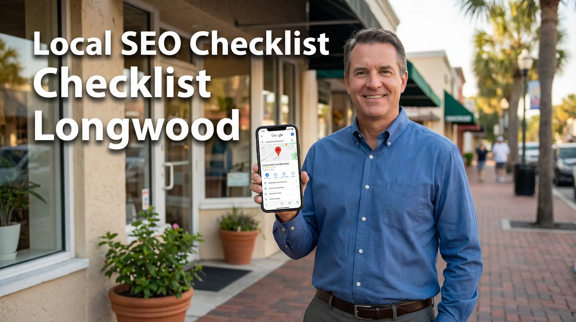 Professional man outside a Longwood Florida business holding a phone showing Google Maps with text “Local SEO Checklist Longwood"