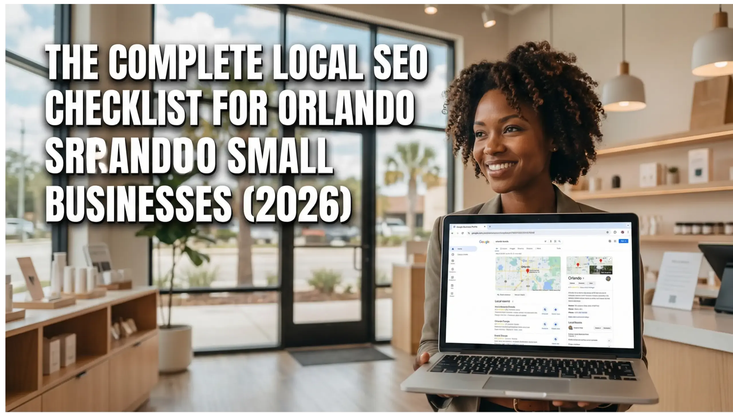 Orlando small business owner using laptop inside storefront reviewing Google Business Profile with text overlay “The Complete Local SEO Checklist for Orlando Small Businesses (2026)”