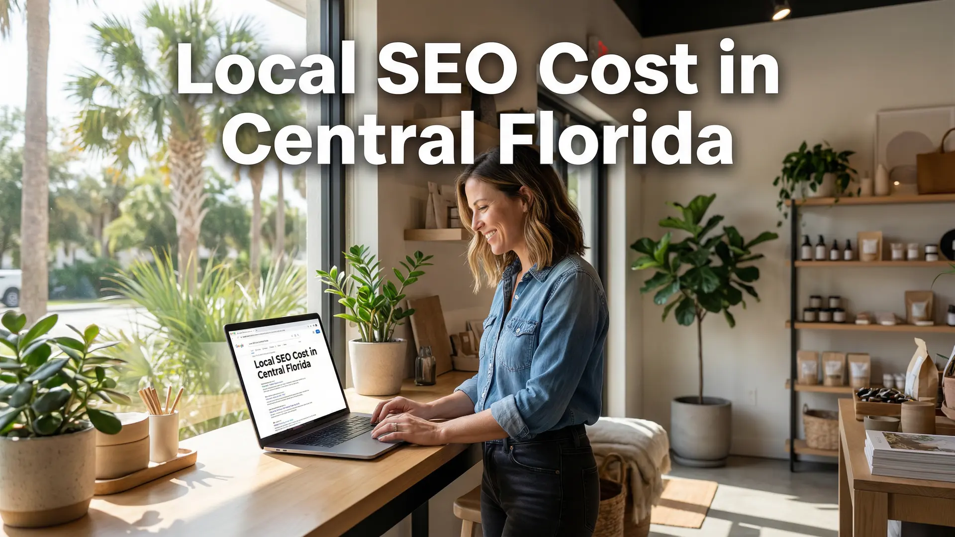 Small business owner in Orlando reviewing Local SEO Cost in Central Florida on laptop inside a modern Florida storefront