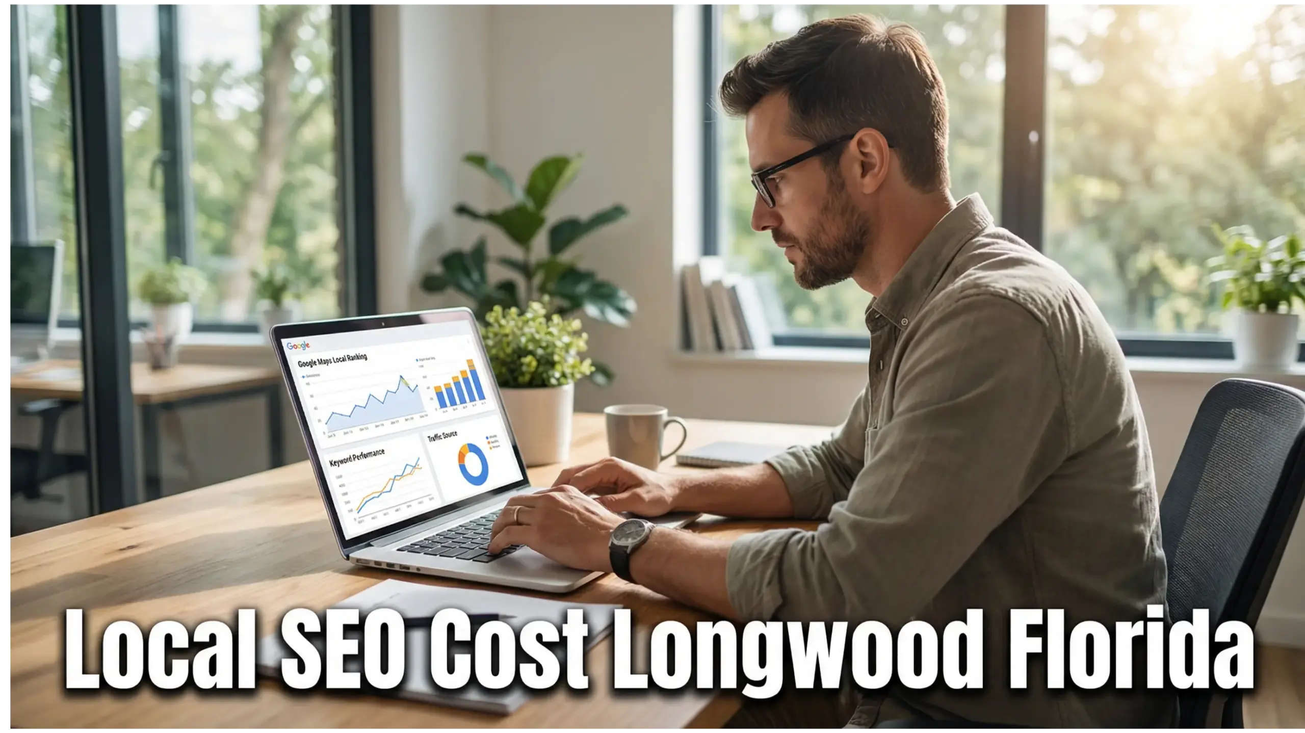 Male business owner analyzing Local SEO Cost Longwood Florida analytics and Google Maps rankings on laptop