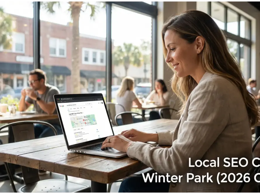 Small business owner in Winter Park café reviewing Google local search results on laptop for local SEO cost guide