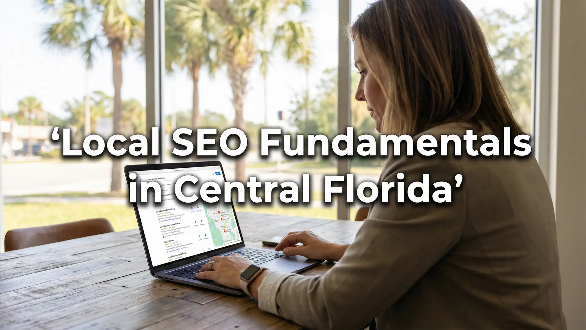 Real lifestyle image of a Central Florida business owner reviewing Google search rankings with text overlay about Local SEO Fundamentals in Central Florida.