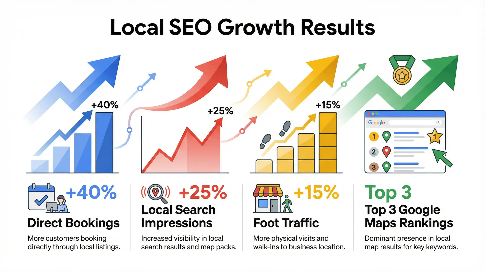 Infographic showing Local SEO growth metrics and ranking improvements for Central Florida businesses.