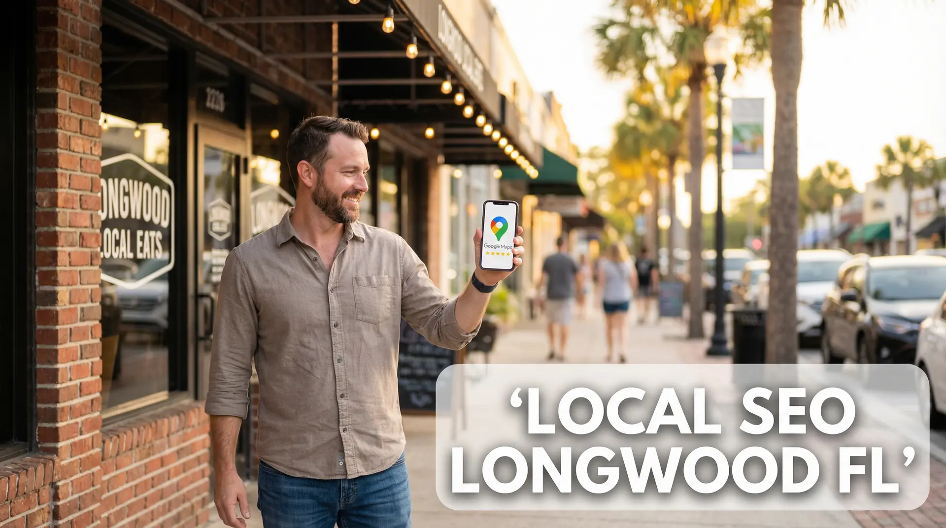 Male restaurant owner in Longwood Florida using smartphone to manage Google Business Profile and local SEO visibility