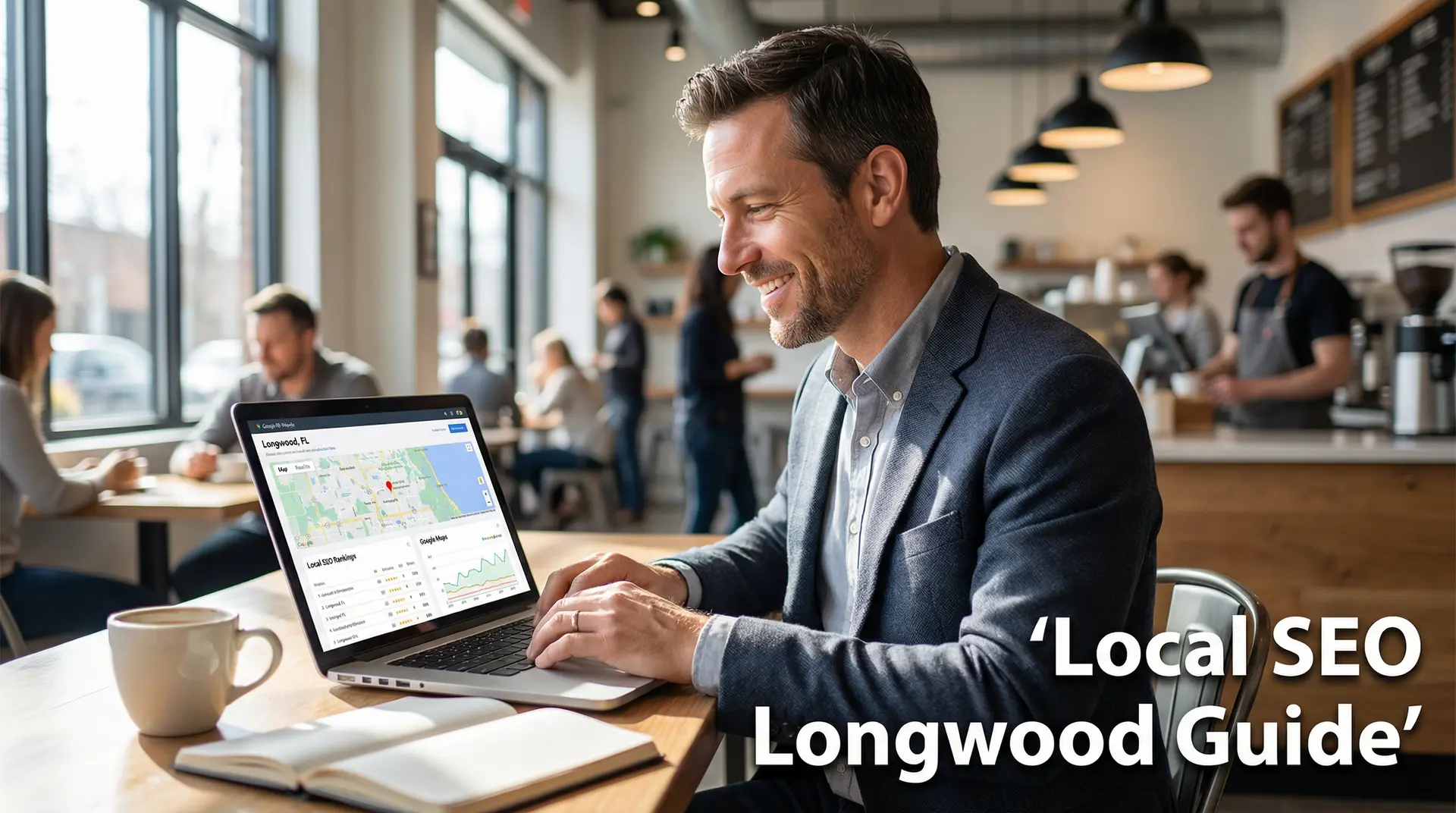 Male digital marketing expert analyzing Local SEO rankings for Longwood businesses