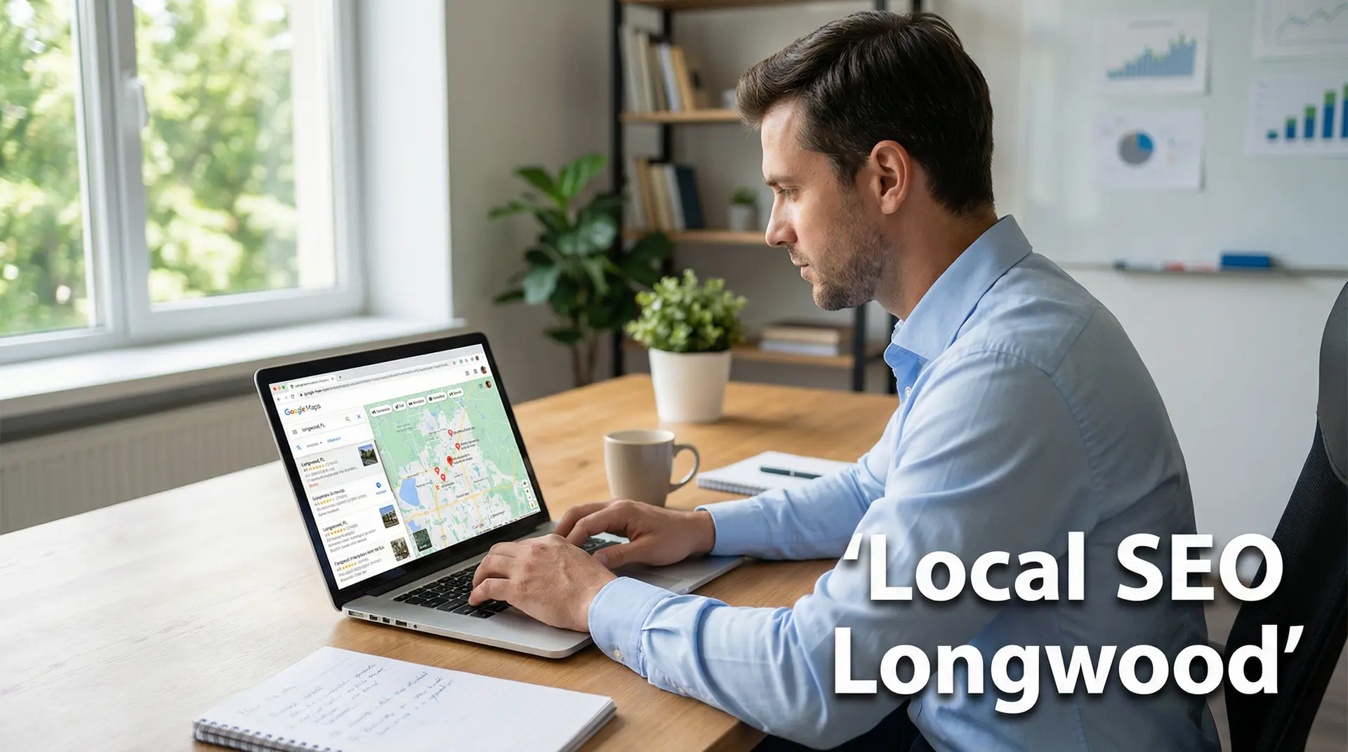 Professional male business owner working on Local SEO strategy for a Longwood business using Google Maps and laptop