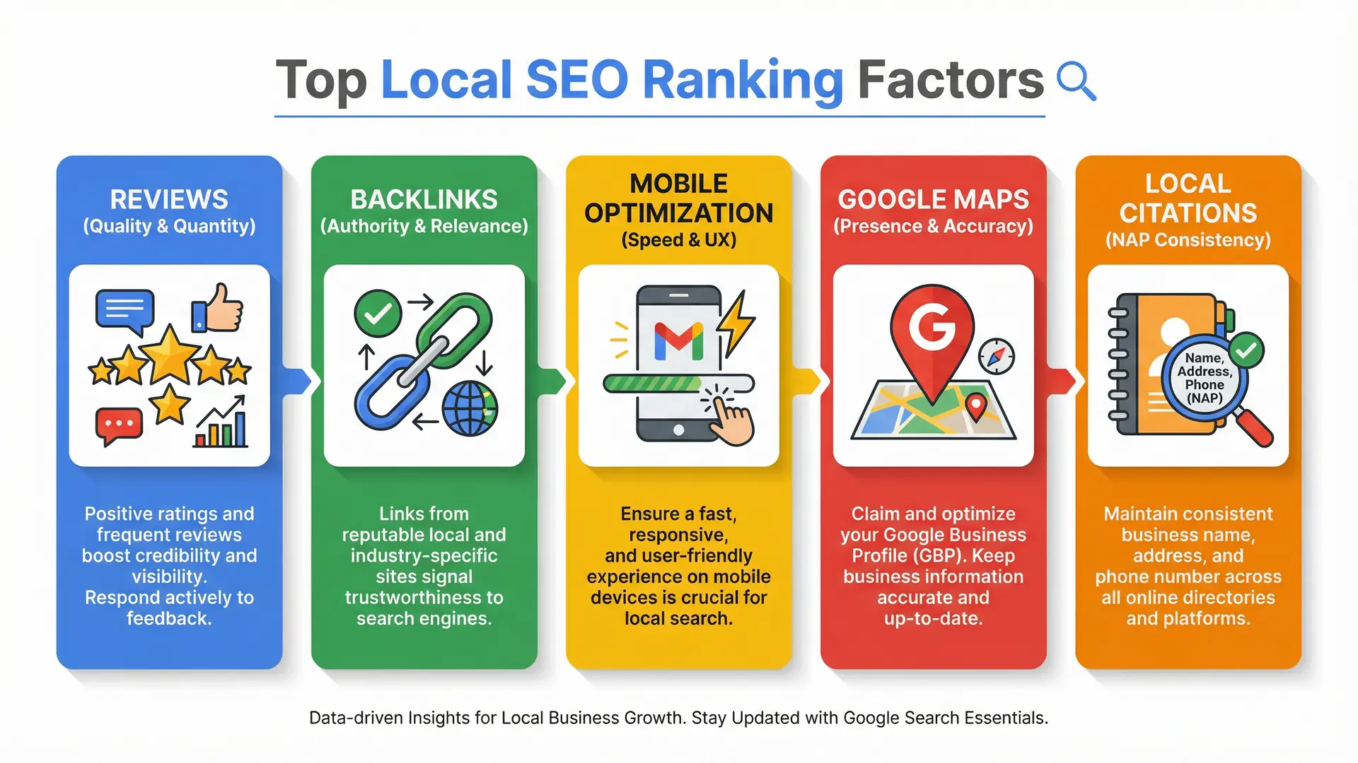 Infographic showing top local SEO ranking factors for professional services in Altamonte Springs.