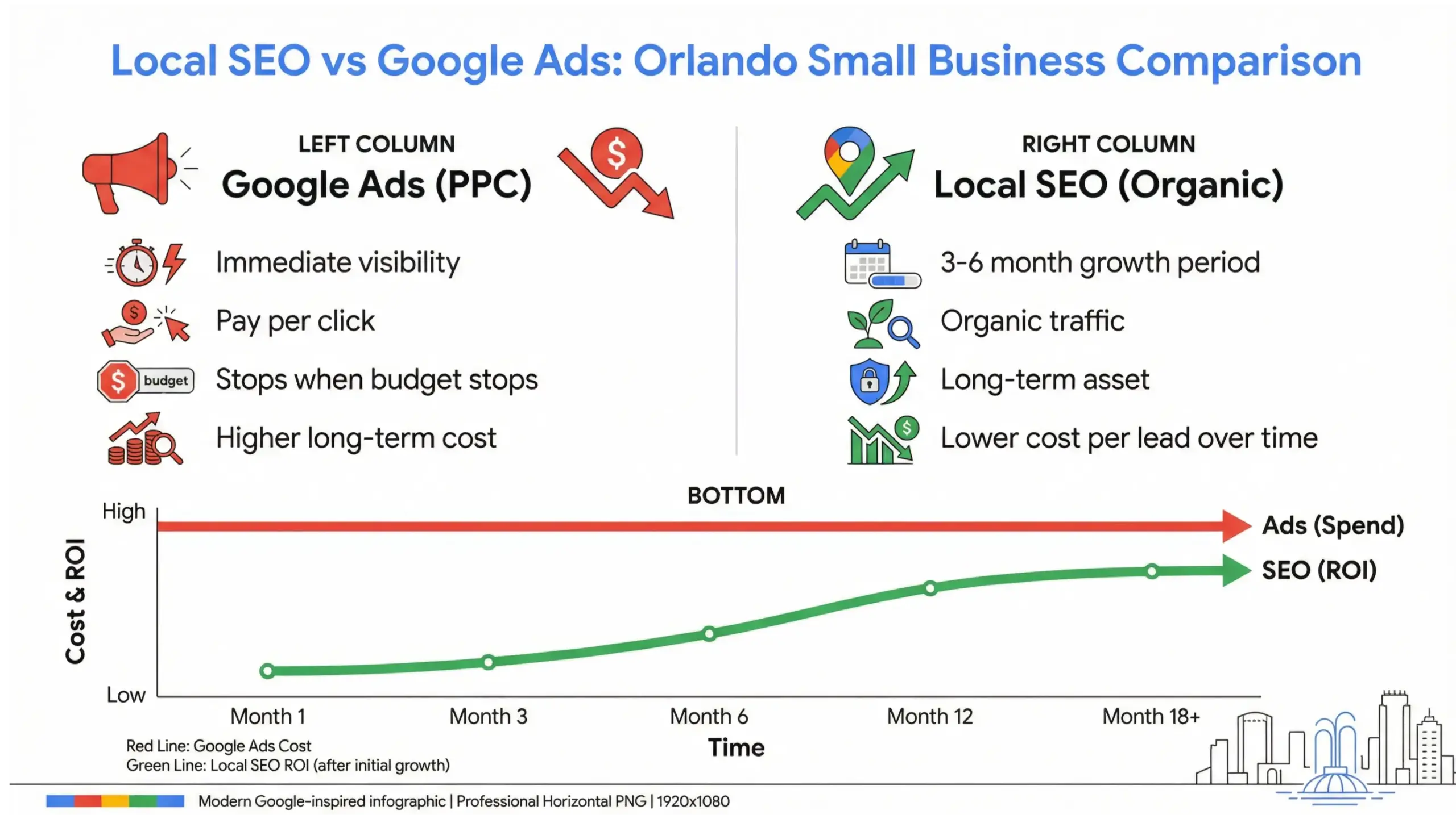 Comparison infographic showing difference between local SEO and Google Ads for Orlando businesses including cost and long-term ROI.