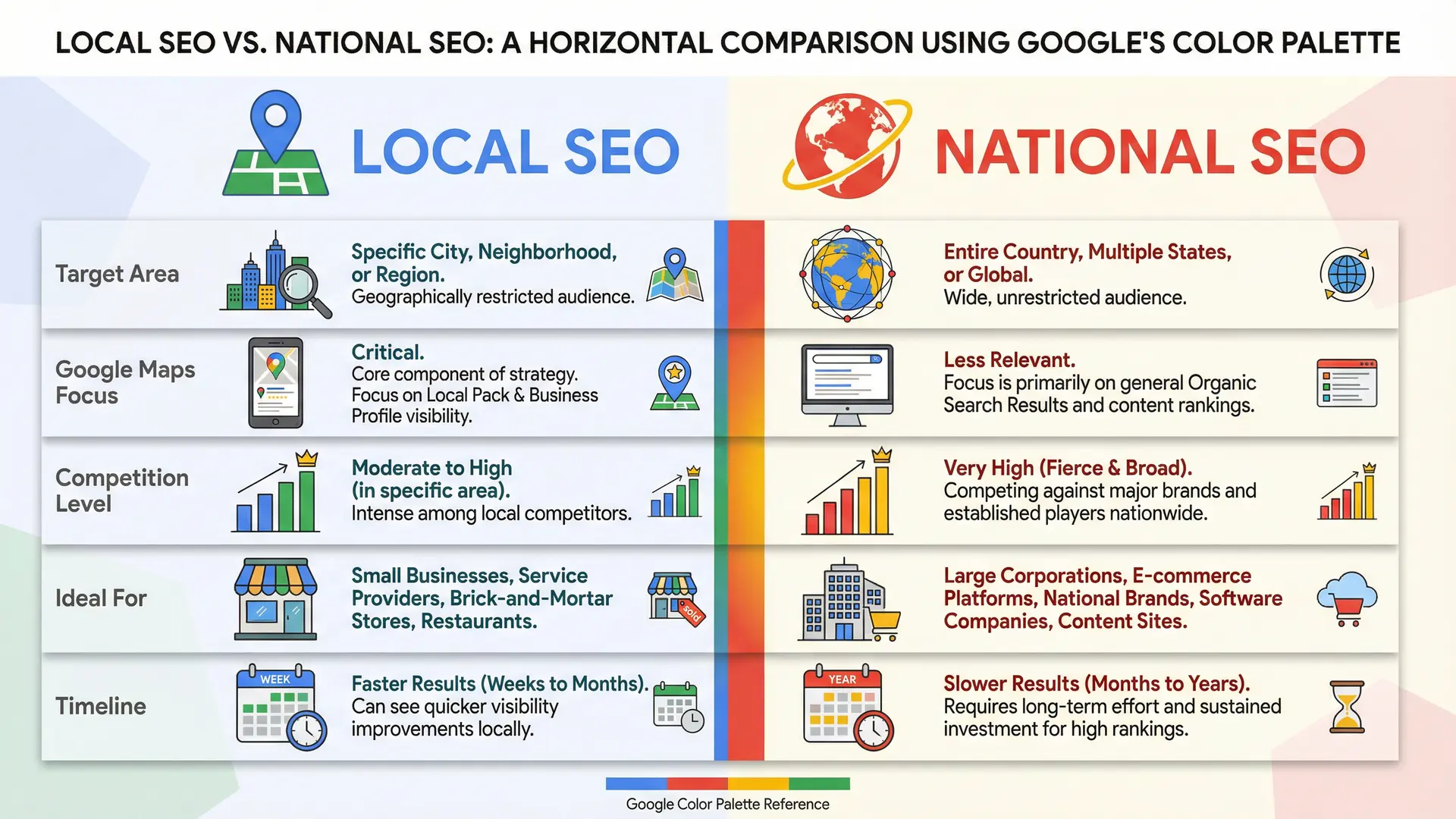  Comparison infographic showing differences between local SEO and national SEO for Altamonte Springs businesses.