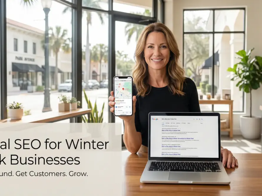 Winter Park small business owner using laptop and phone with Google Maps visible inside a modern storefront