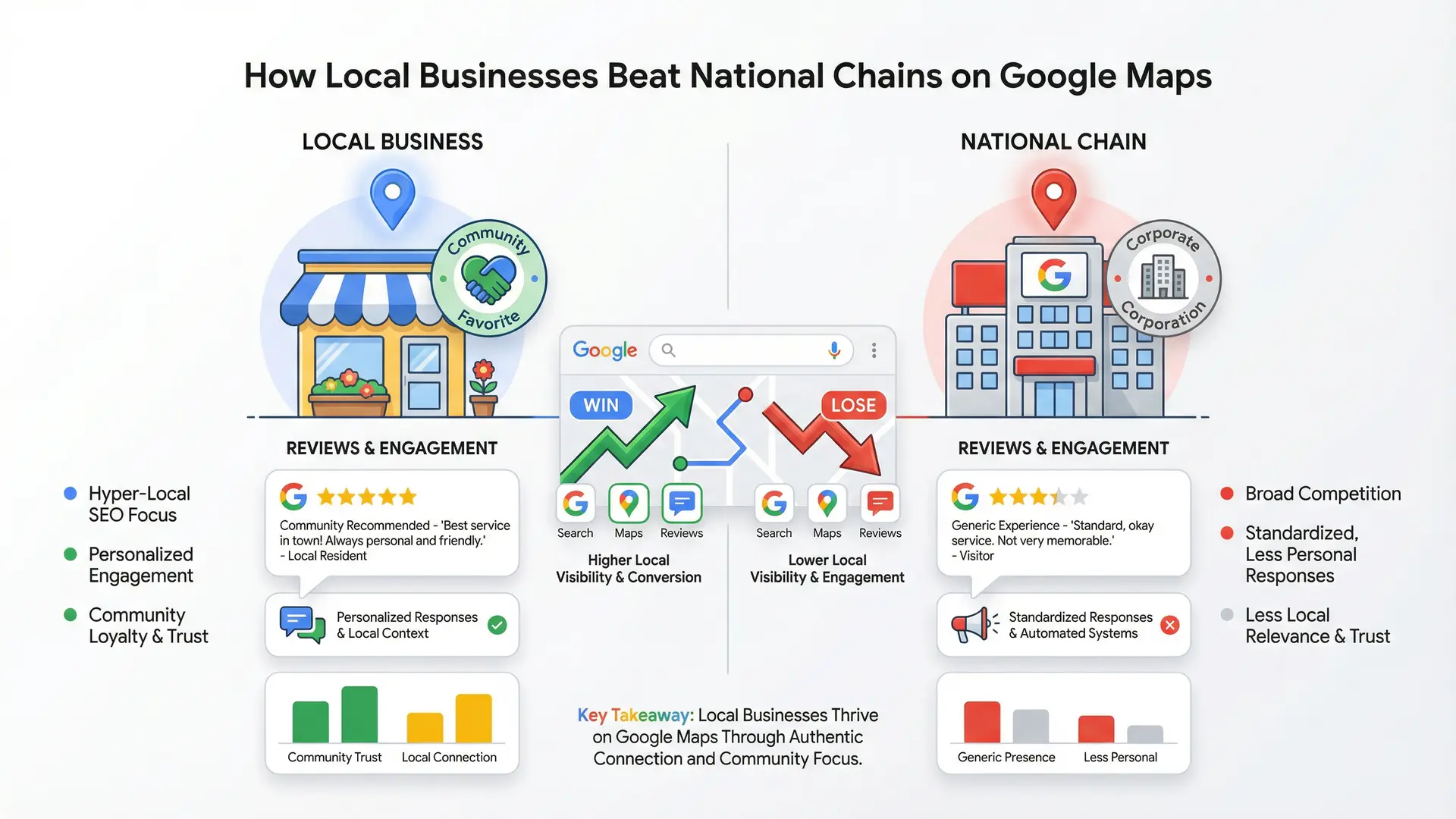 Infographic comparing local businesses and national chains ranking on Google Maps