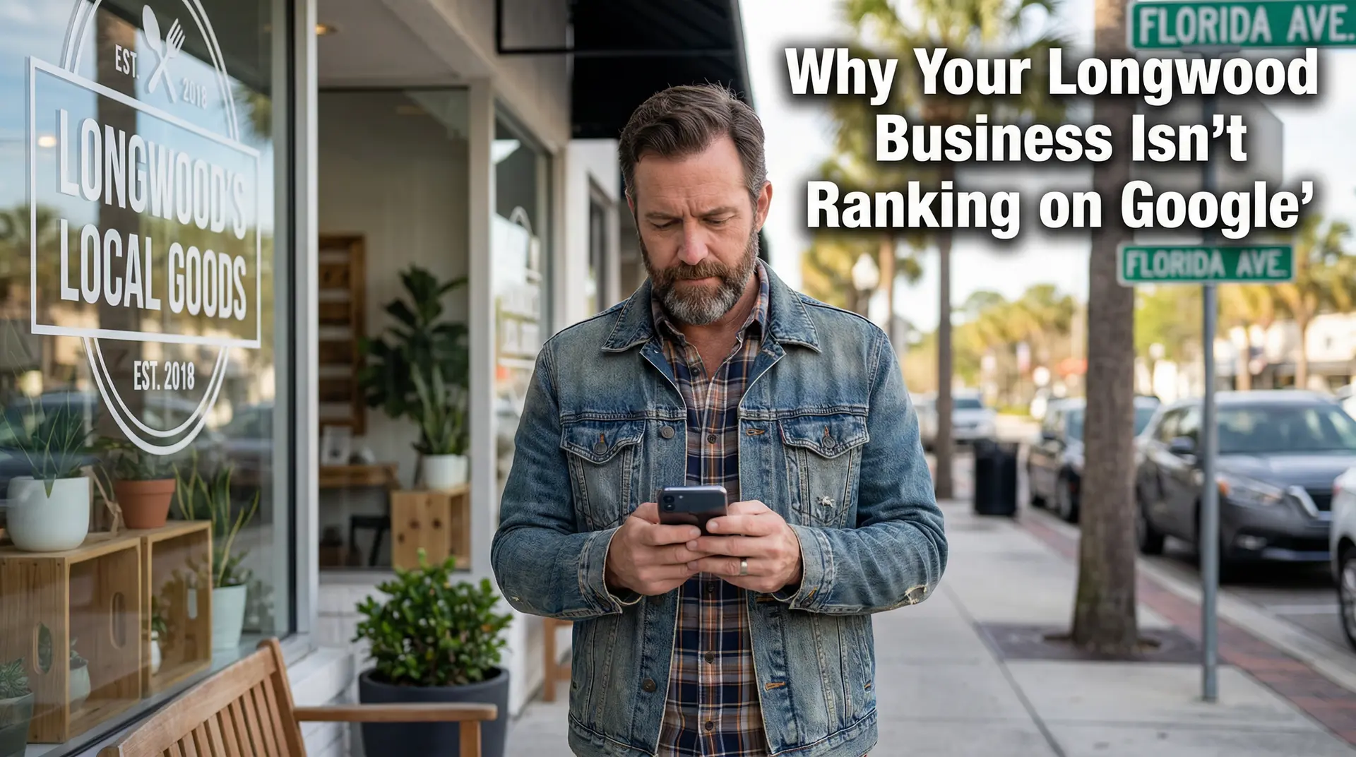Male Longwood business owner checking Google search rankings on smartphone outside his storefront in Florida