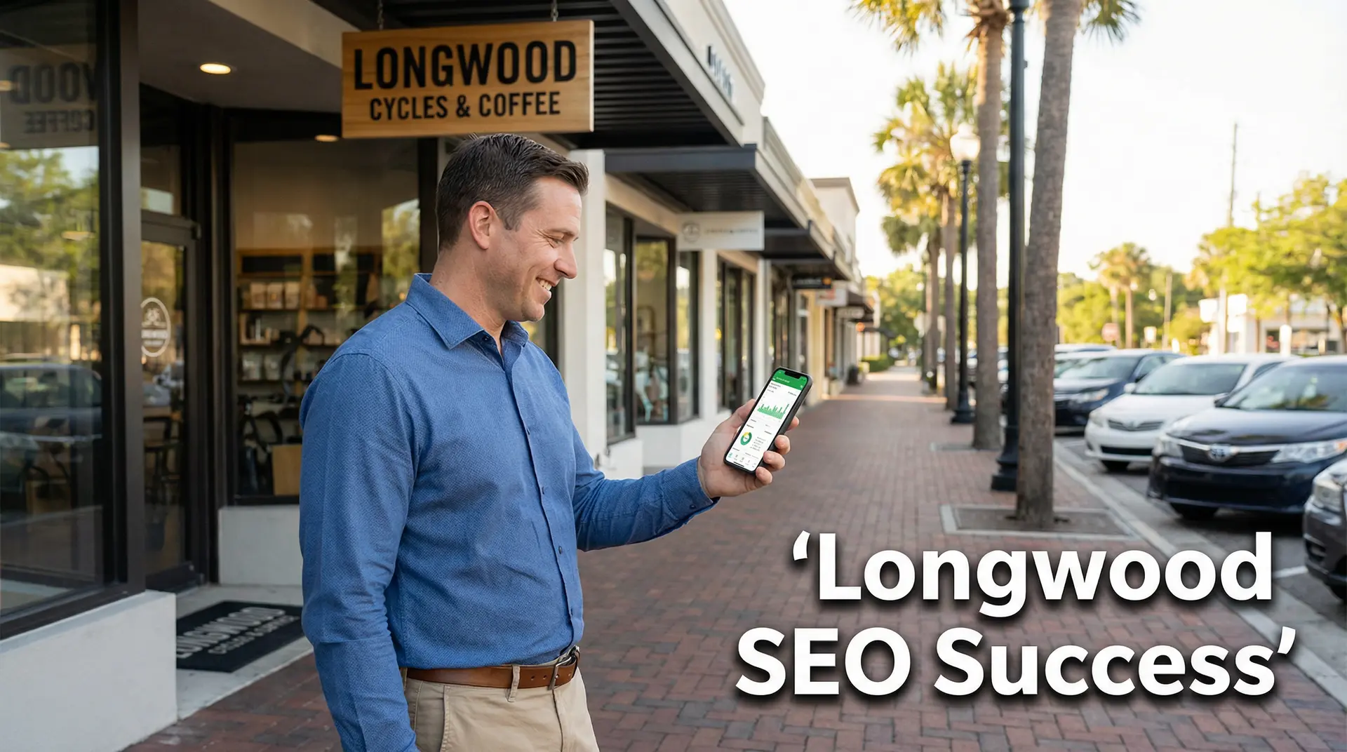 Male Longwood business owner checking SEO results on smartphone outside his shop