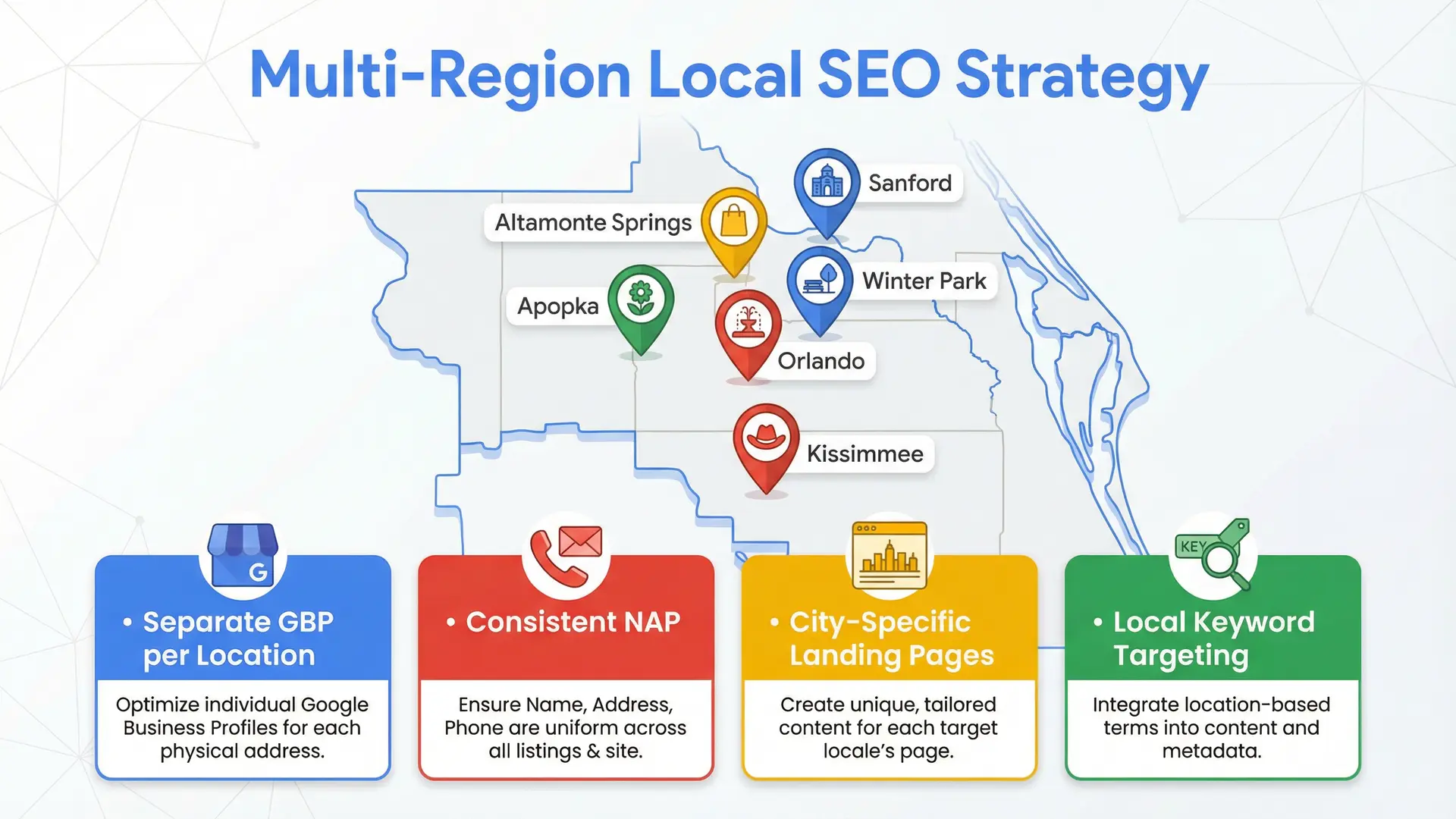 Infographic map showing multi-region local SEO strategy for professional services across Central Florida cities.