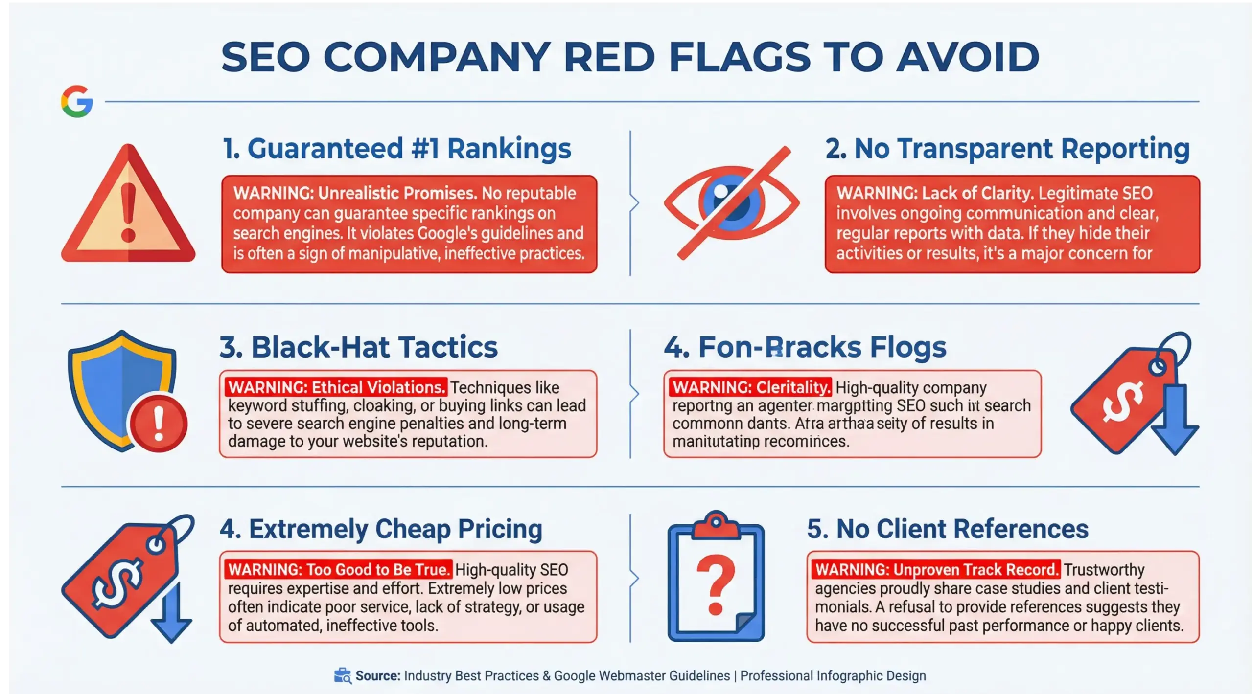 Infographic showing red flags to avoid when choosing an SEO company in Winter Park