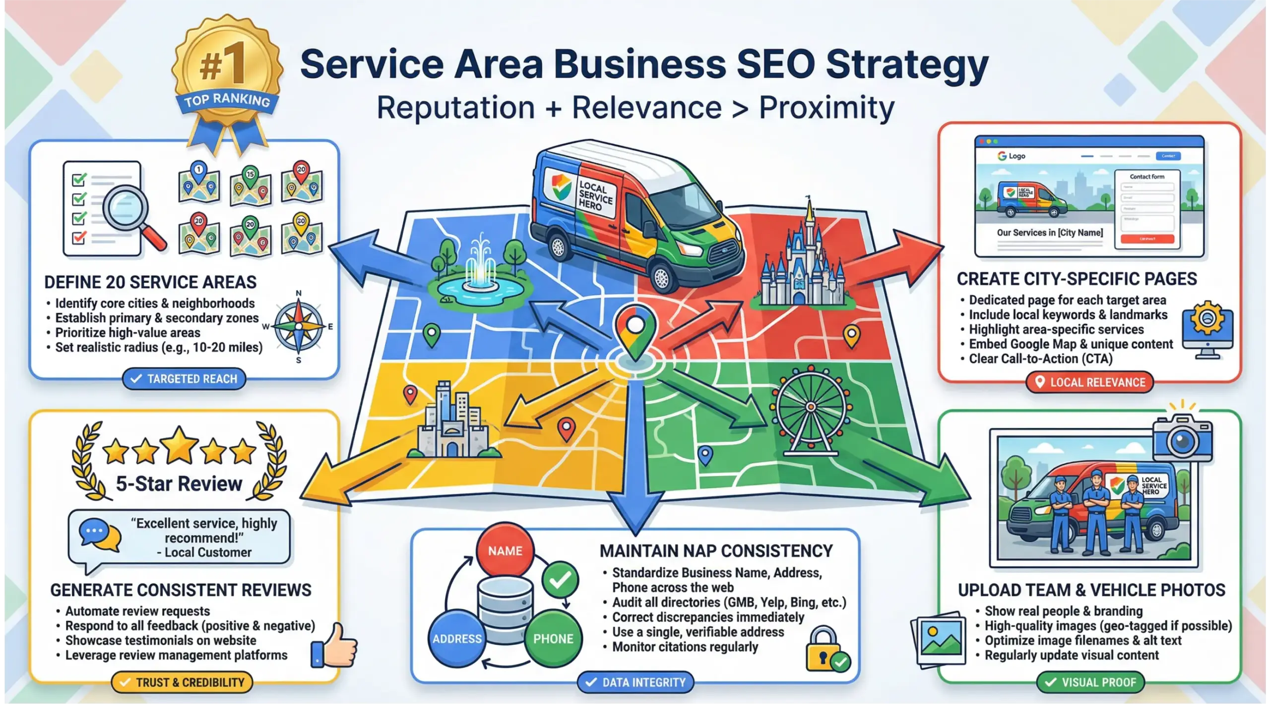 Service area business local SEO infographic showing Orlando coverage zones and ranking factors