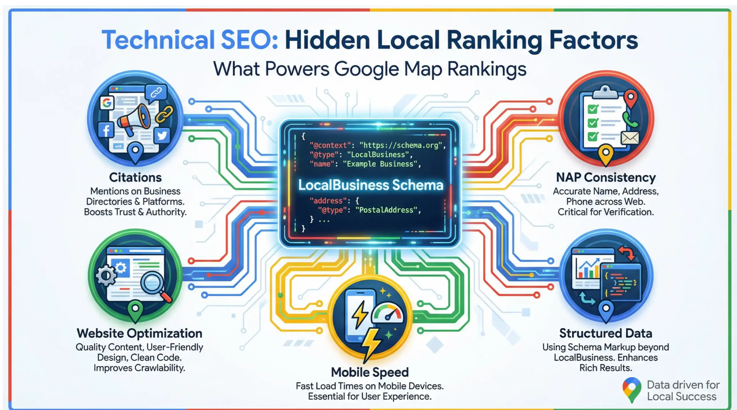  Technical SEO infographic showing schema markup, citations, NAP consistency and mobile speed for local ranking