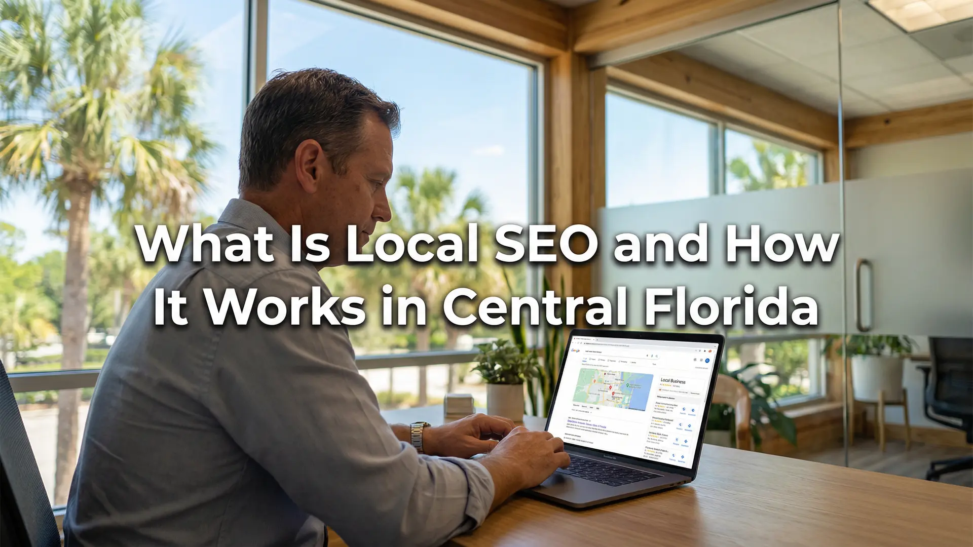 Real lifestyle image of a Central Florida business owner reviewing Google Maps rankings with text overlay about What Is Local SEO and How It Works in Central Florida.