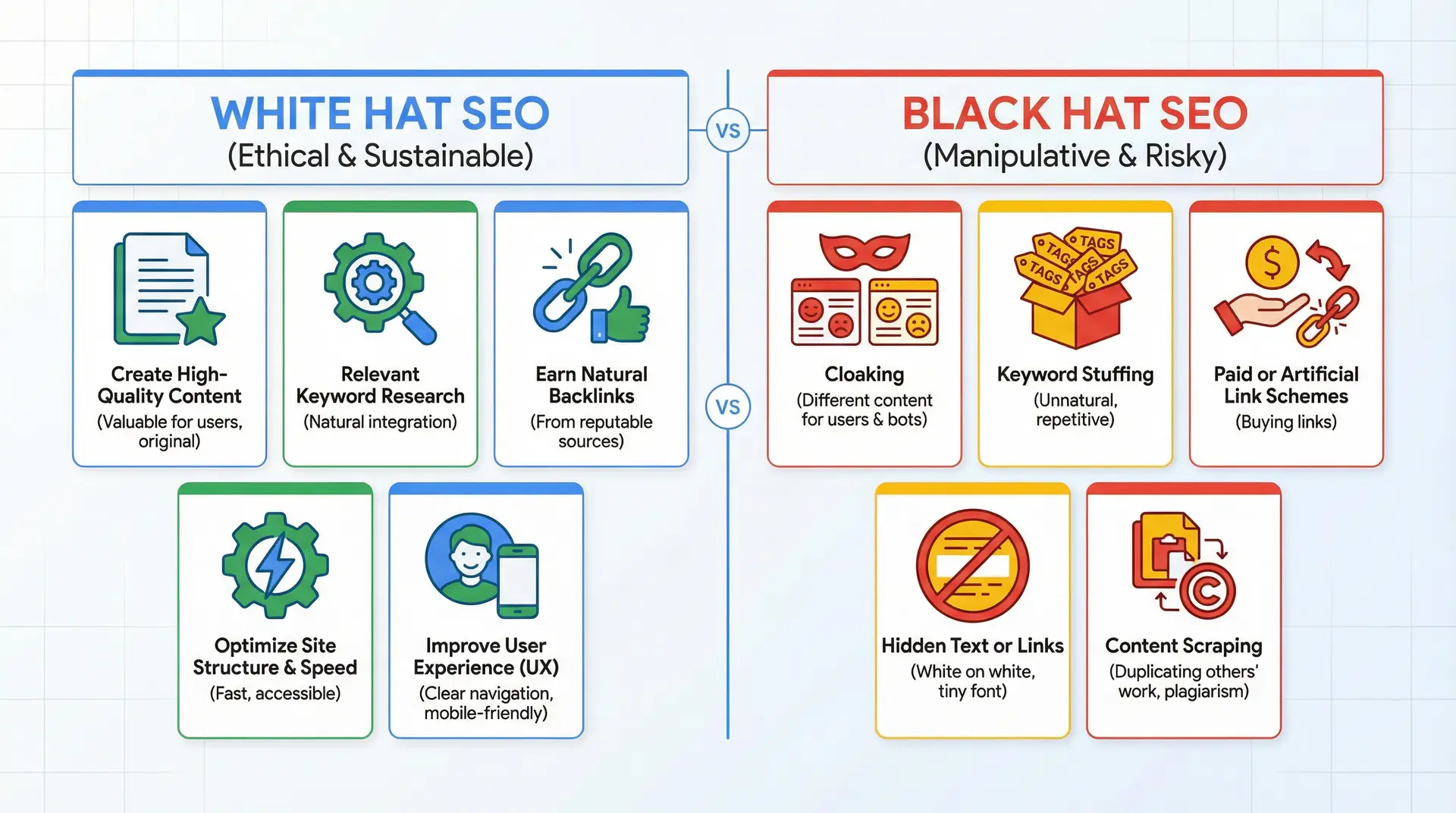  Infographic comparing white hat SEO practices and black hat SEO tactics for Kissimmee businesses